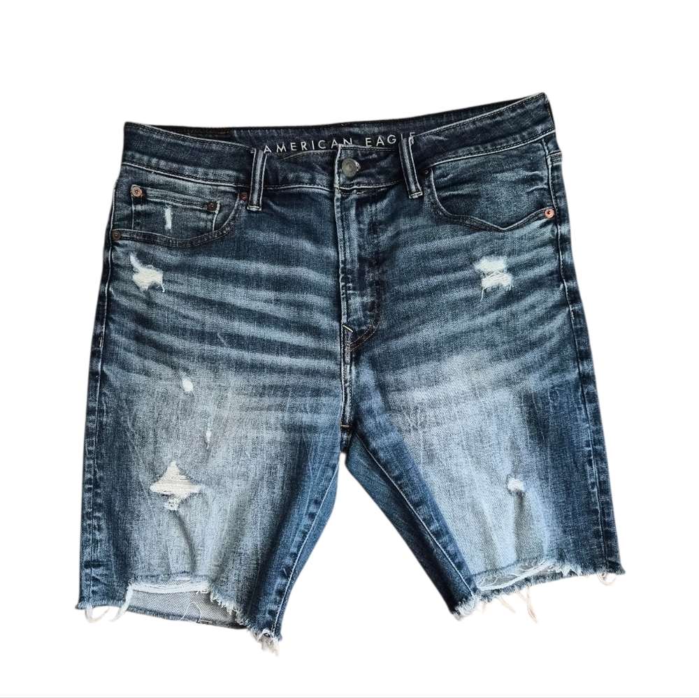 American Eagle Outfitters Distressed Washed Blue Cropped Jean Shorts